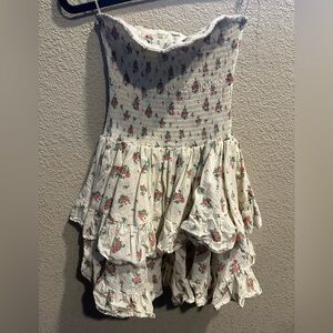 Floral Smocked Cream Mini Dress with Pink Rose Print